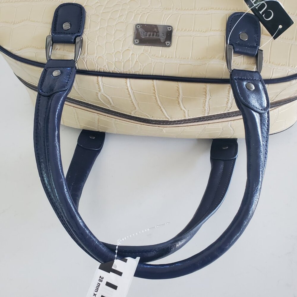 Cutler Cream & Navy Croc Embossed Travel  Bowling Bag Duffle Style Satchel Bag - Picture 8 of 15
